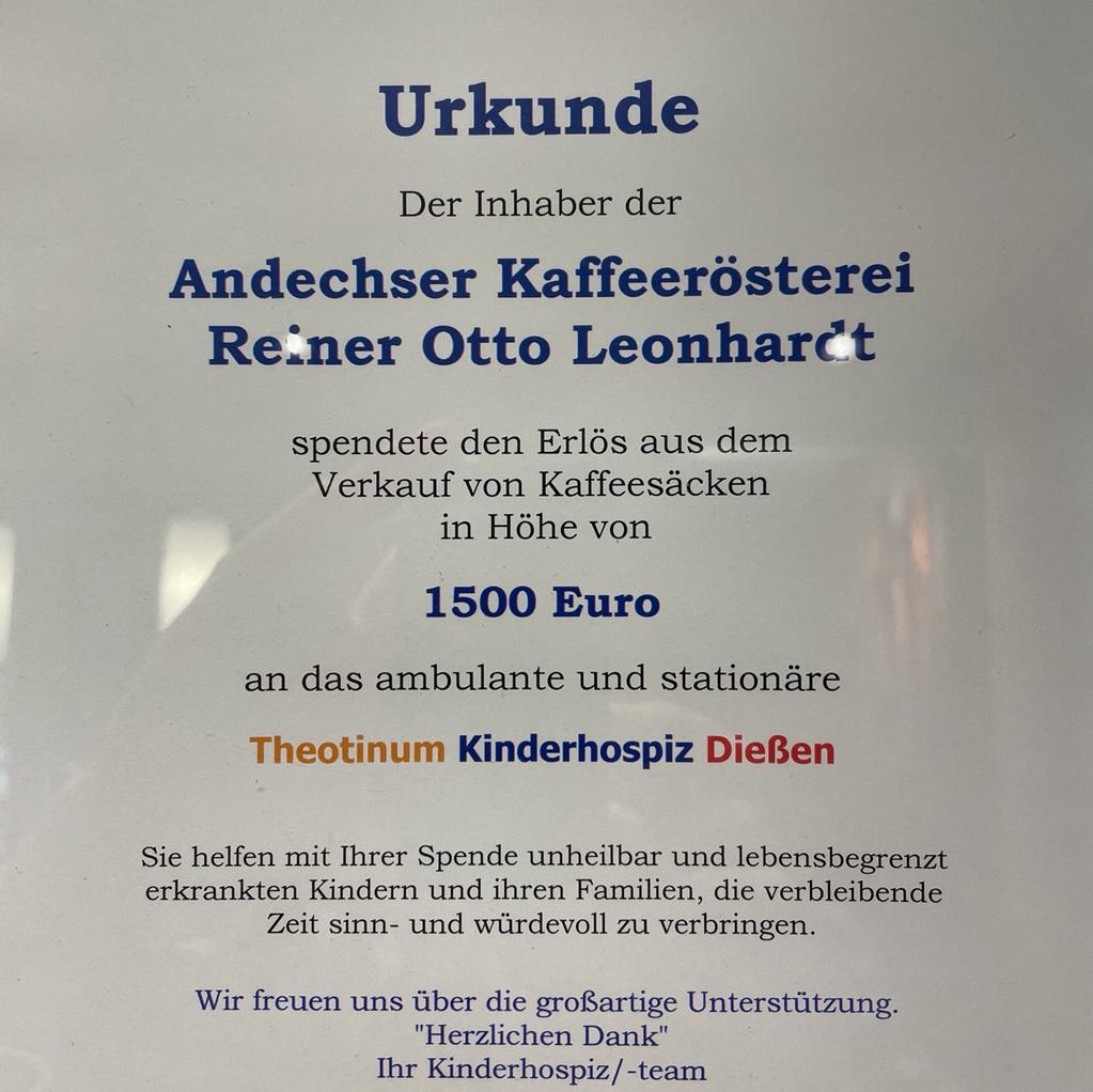 Andechser Kaffeerösterei Spende fürs Kinderhospiz